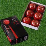 Red leather cricket ball with premium polish and raised seam