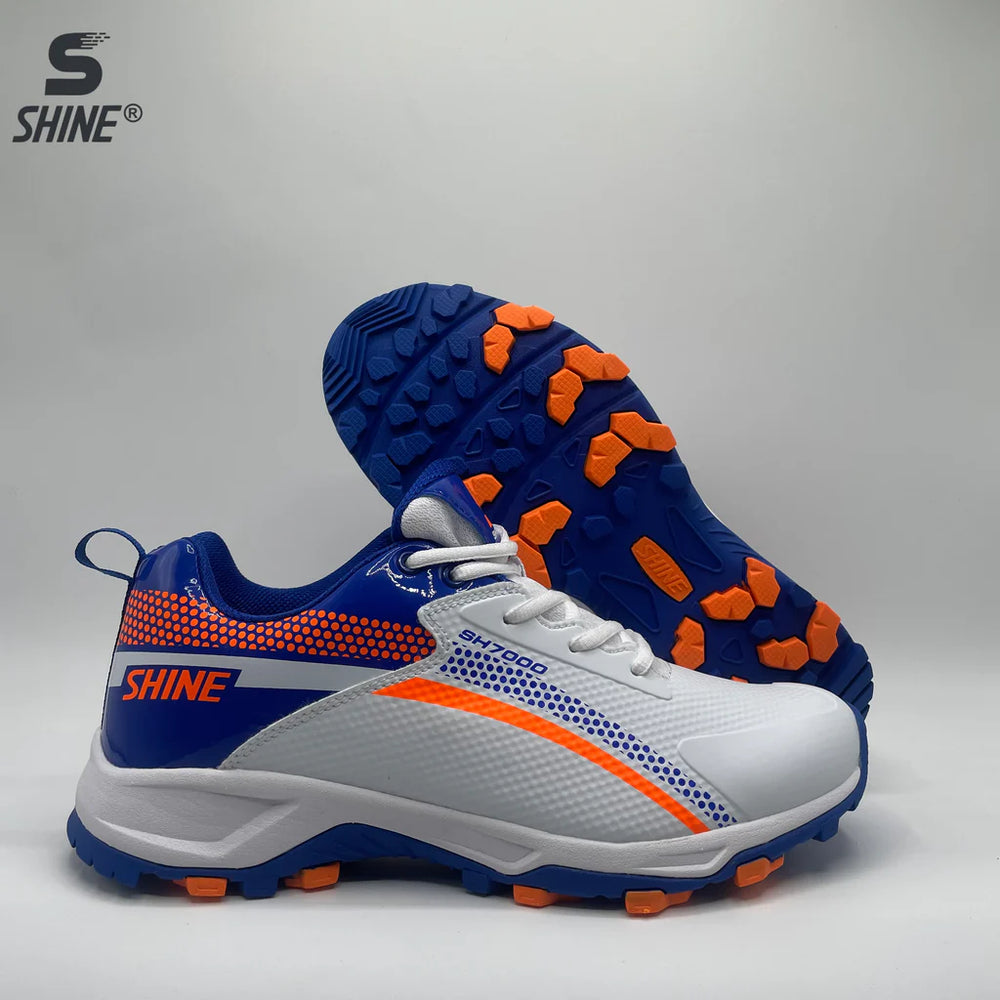 Shine Cricket Shoes – Orange & Blue Side View
Lightweight Cricket Shoes for All-Round Performance
Shine Edition Cricket Footwear – Top and Sole View
Orange and Blue Cricket Shoes with High-Grip Sole