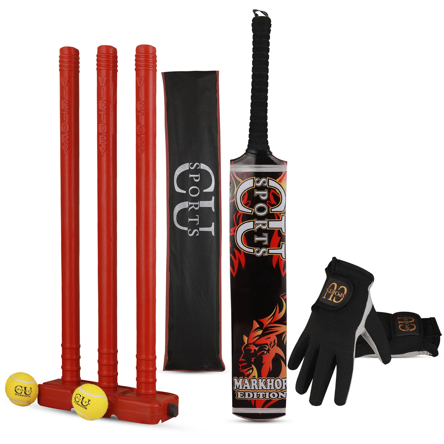 CU Tape Ball Cricket Kit with Markhor Bat, Gloves, and Stumps