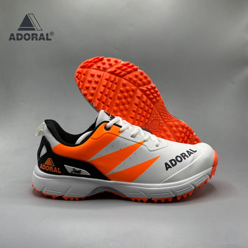 Adoral Jeet orange cricket shoes front view on white background