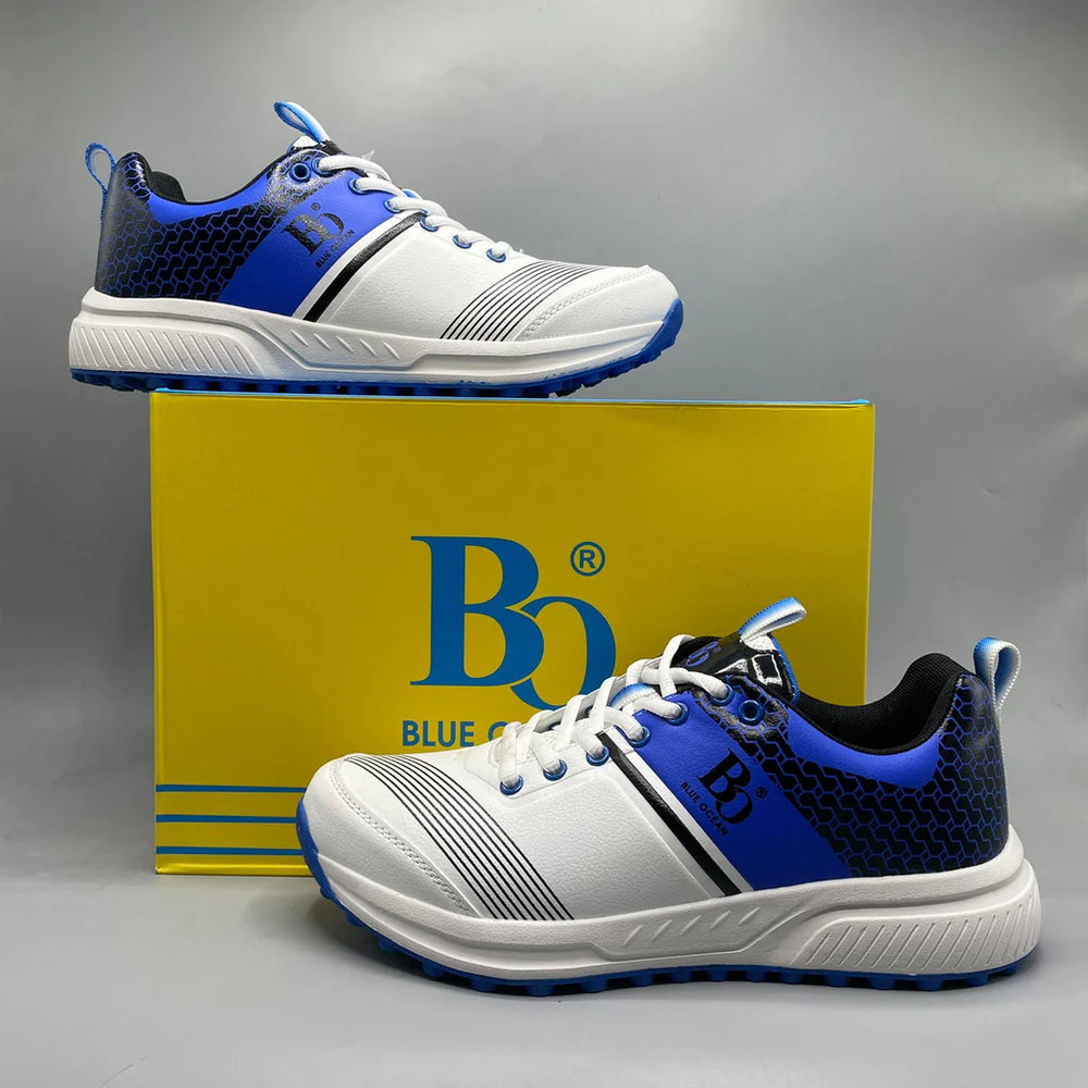 Stylish cricket shoes white and blue with high grip sole