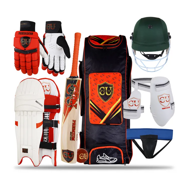 CU Cricket Premium Edition Kit Bat, Bag, Pads, Gloves, Helmet - CU Sports