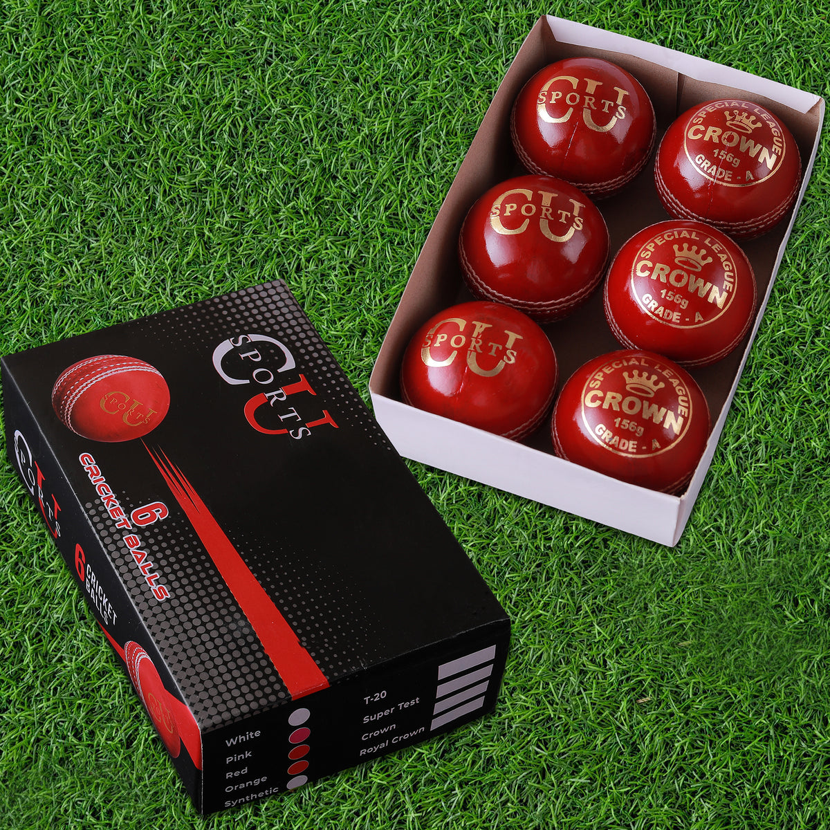 Red leather cricket ball with premium polish and raised seam