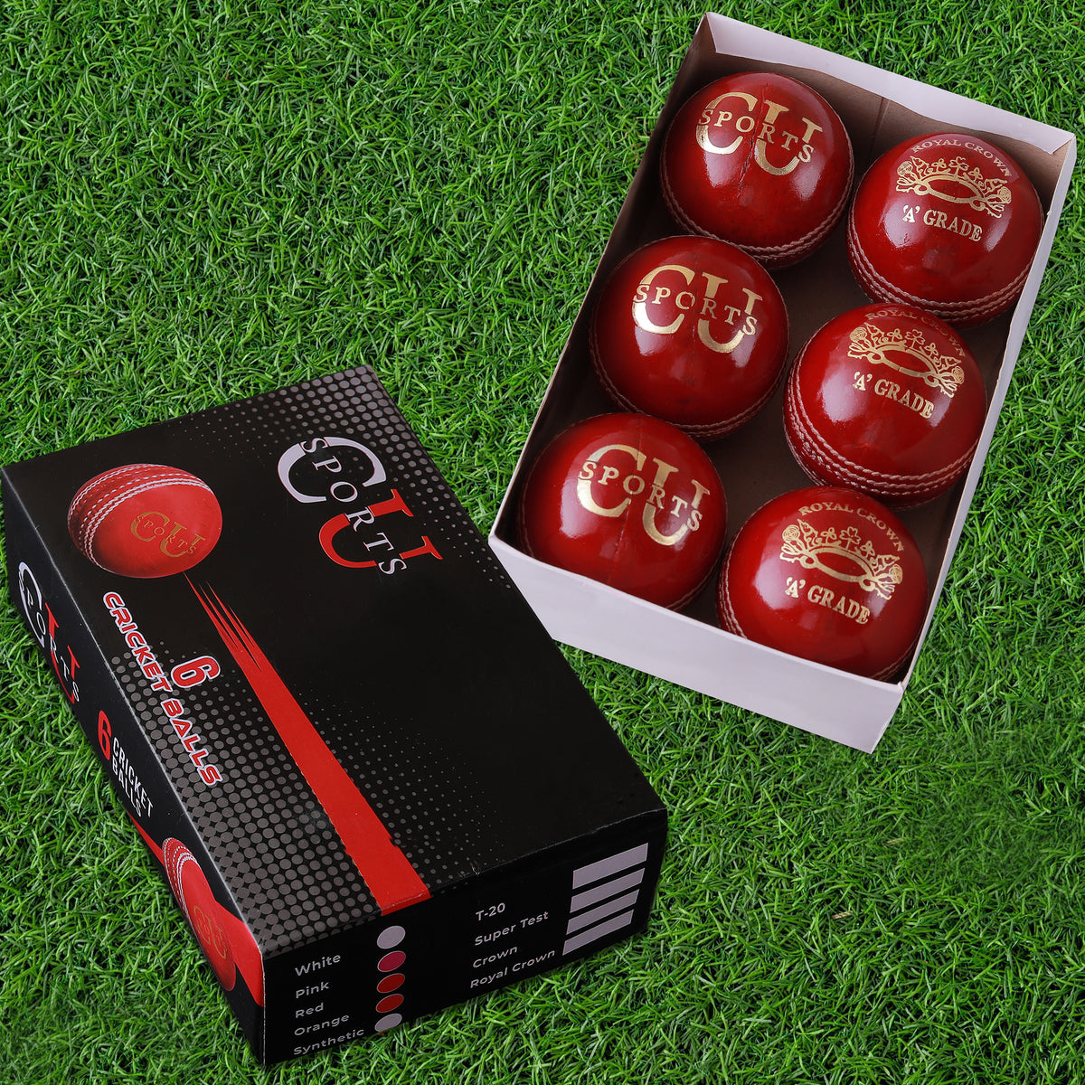 Hand-stitched Royal Crown cricket ball with lacquer finish