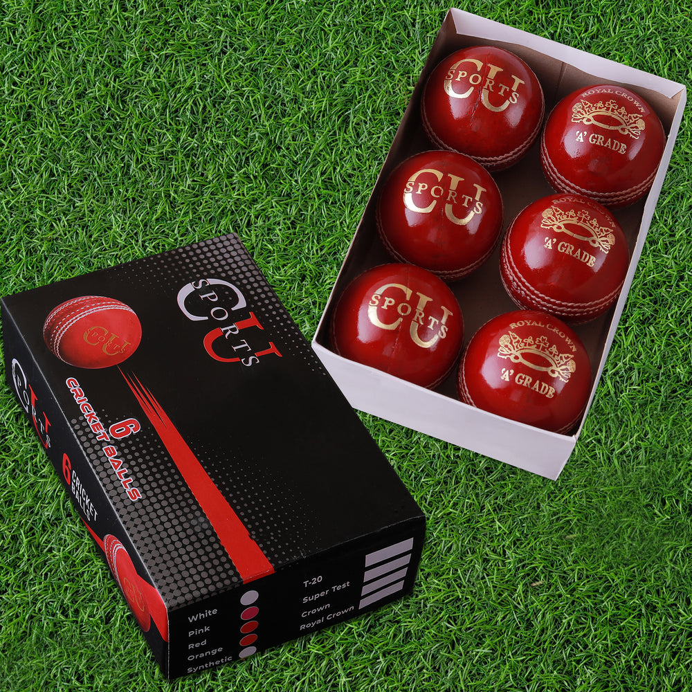 Hand-stitched Royal Crown cricket ball with lacquer finish