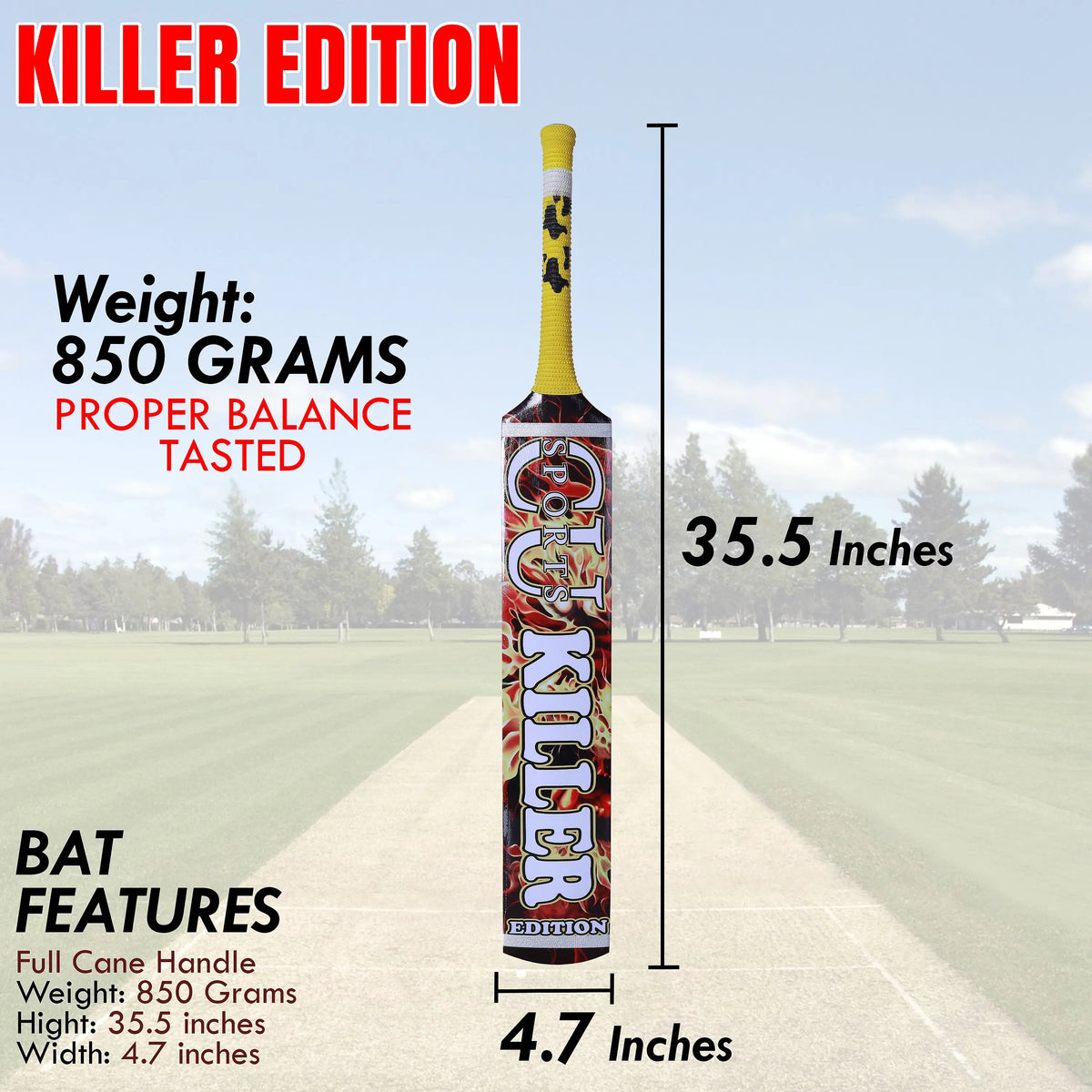 CU Sports Killer Edition Tape Ball Bat Front View

CU Sports Tape Ball Bat with Grip and 3D Stickers

Side Profile of Killer Edition Tape Ball Bat

Lightweight Cricket Bat for Tape Ball – CU Sports

Toe Guard and Thick Bottom – Power Bat Design