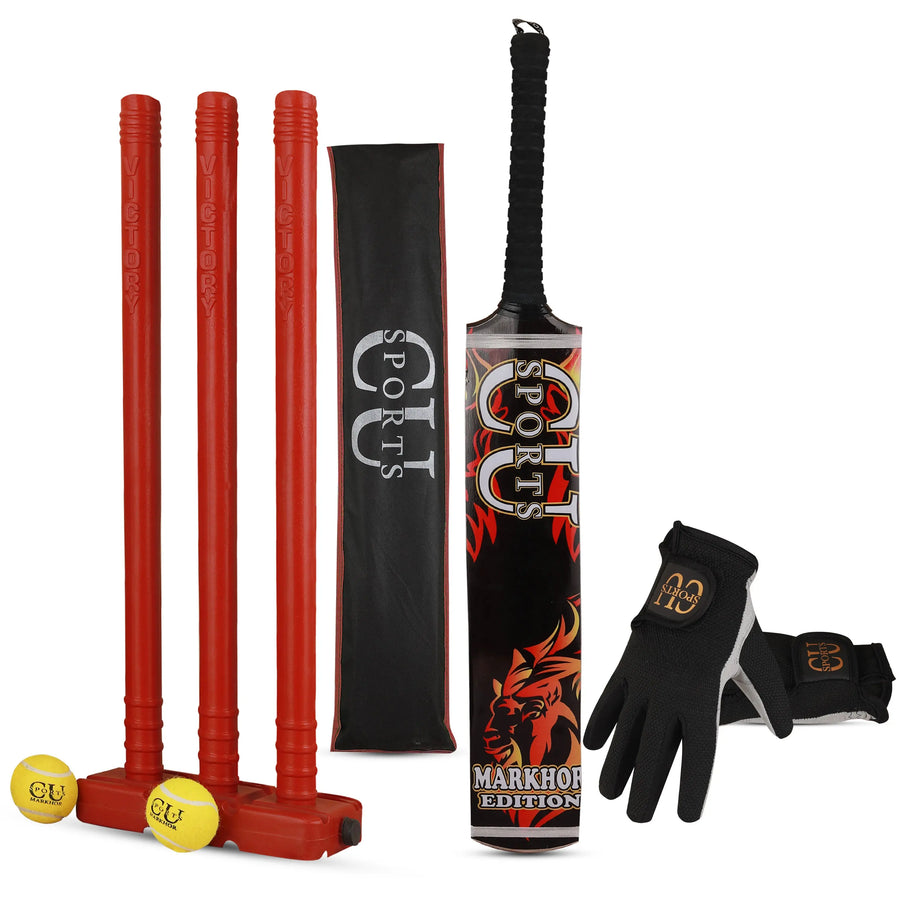 CU Tape Ball Cricket Kit with Markhor Bat, Gloves, and Stumps
