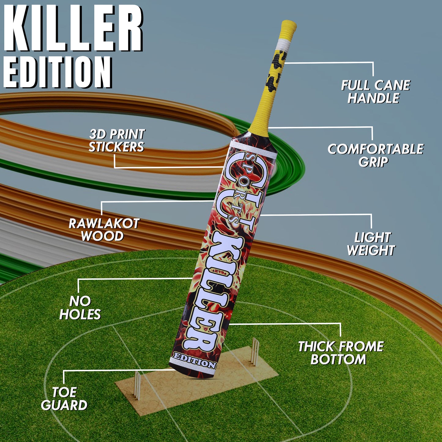 CU Sports Killer Edition Tape Ball Bat Front View

CU Sports Tape Ball Bat with Grip and 3D Stickers

Side Profile of Killer Edition Tape Ball Bat

Lightweight Cricket Bat for Tape Ball – CU Sports

Toe Guard and Thick Bottom – Power Bat Design