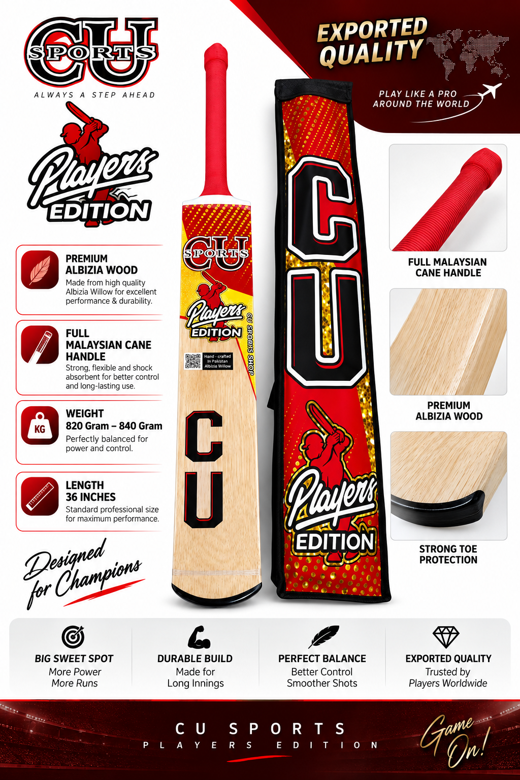 CU Sports Players Edition Tape Ball Cricket Kit – Bat, Gloves & Ball