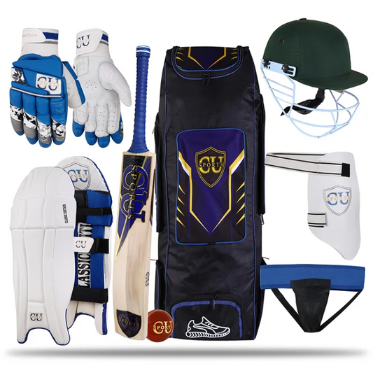 CU Full Cricket Classic Edition Kit Thigh Guard Abdominal Guard Helmet Batting Gloves Bat Kit Bag Leg guard Pad Complete Set