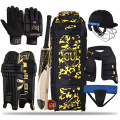 CU Full Cricket Pro Edition Kit Thigh Guard Abdominal Guard Helmet Batting Gloves Bat Kit Bag Leg guard Pad Complete Set